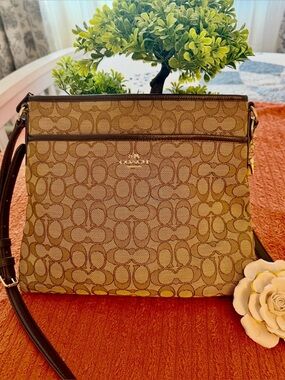 Coach Beige Signature Canvas Crossbody with Brown Trim